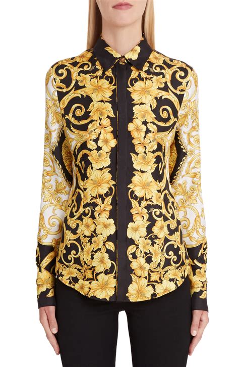 woman's versace shirt with flowers and yelloe|Versace designer shirts.